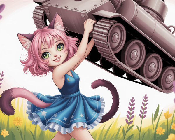 Fluffy Anime Cat Girl in Lavender Flower Field