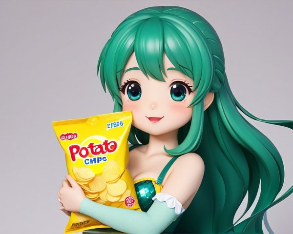 Cheerful Anime Character with Green Hair and Snacks