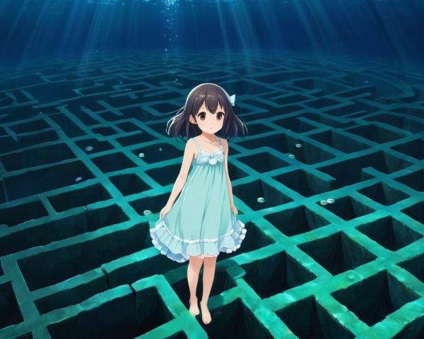 Young girl in a flowing dress in underwater maze