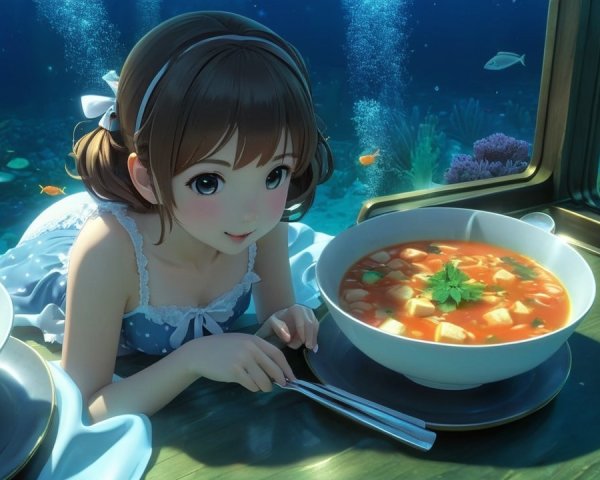 Young girl with soup in an underwater setting