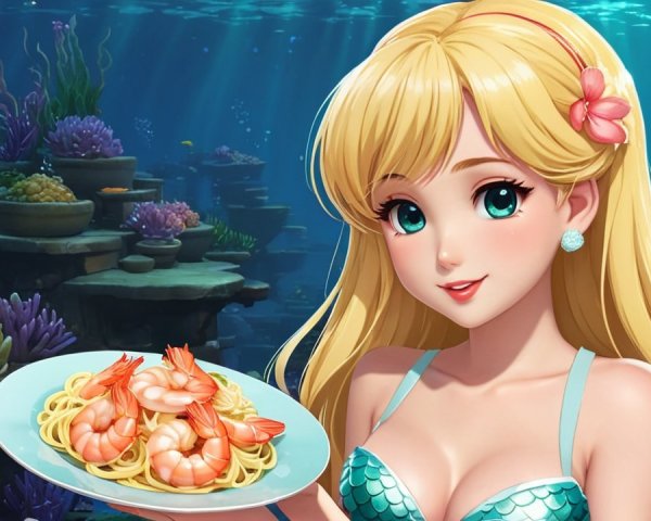 Vibrant Underwater Scene with Animated Character and Spaghetti