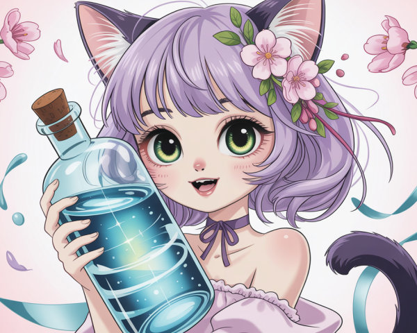 Anime Cat Girl with Green Eyes and Purple Hair