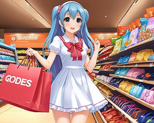 Young girl in colorful store with snacks and treats