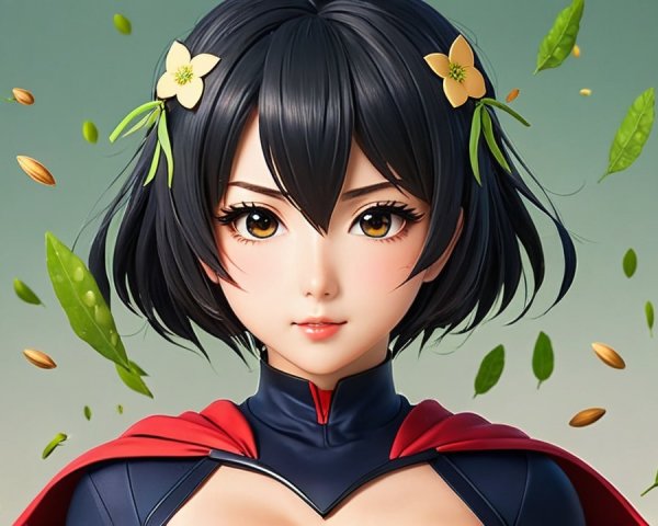 Young woman in superhero costume with flowers and cape