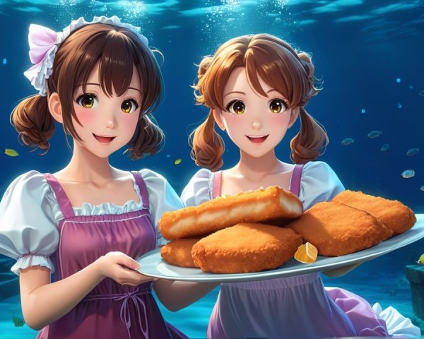 Cheerful girls with fish sticks in vibrant underwater scene
