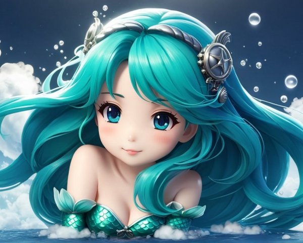Anime girl with turquoise hair and seashell accessories