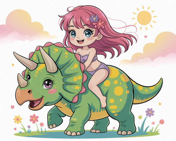 Chibi Anime Girl Riding a Triceratops Illustration