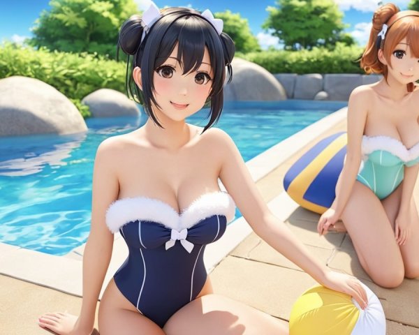 Anime-style girls by a sunny poolside with beach ball