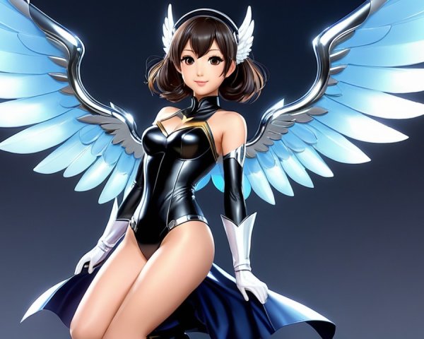 Stylized character with black outfit and blue wings