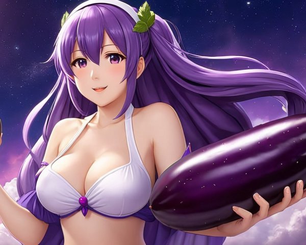 Fantasy Character with Purple Hair and Eggplants