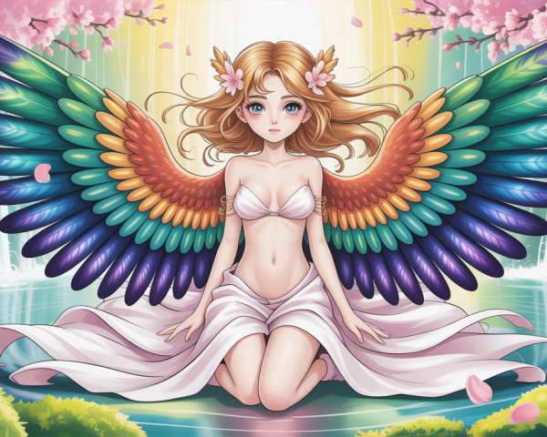 Anime-Style Fairy with Colorful Feathers and Flowing Hair