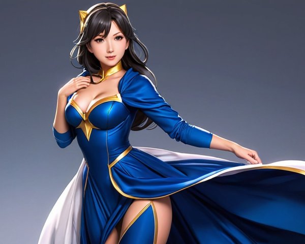Female character in blue and gold outfit with cat ears