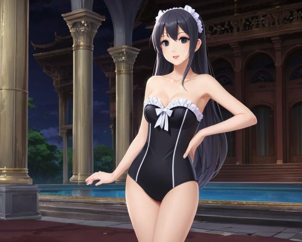 Young Woman in Stylish Black Swimsuit at Poolside