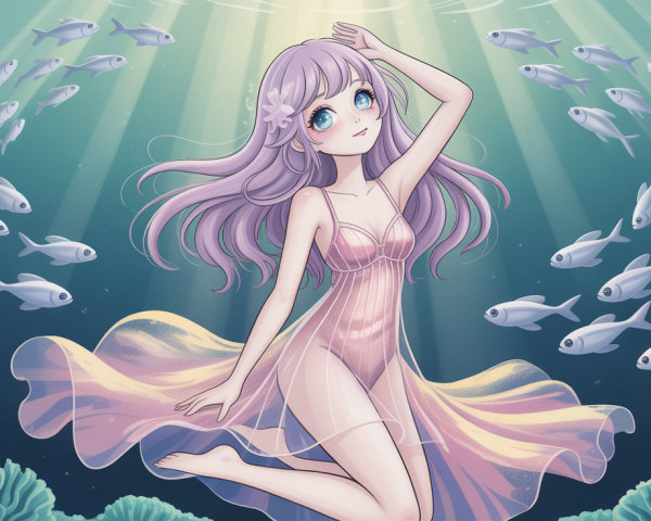 Digital Painting of Anime Girl Underwater with Lavender Hair