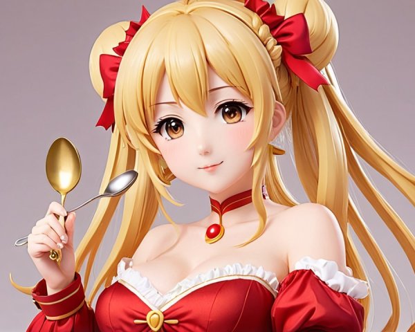 Charming Anime Character with Twin Tails and Red Dress