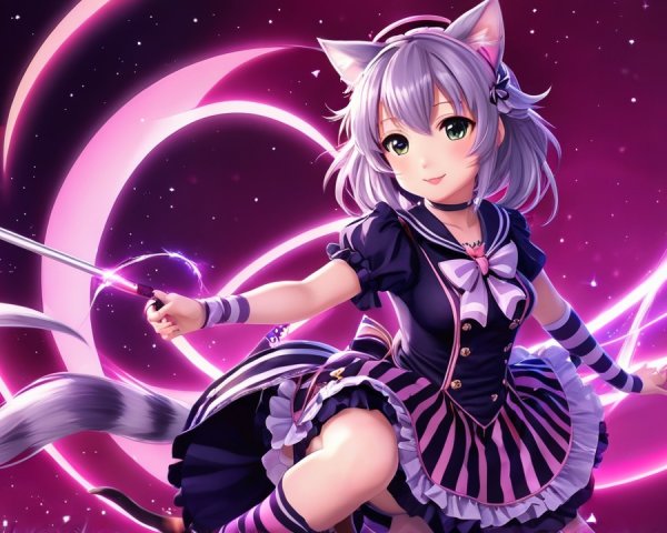 Magical girl with cat ears in vibrant fantasy setting
