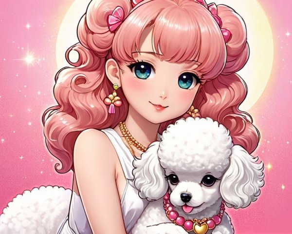 Young girl with pink curls and white poodle in pastel setting