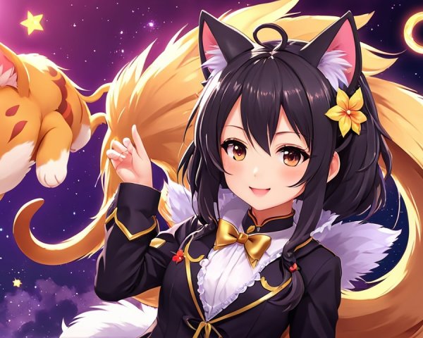 Cheerful anime character with cat features in cosmos