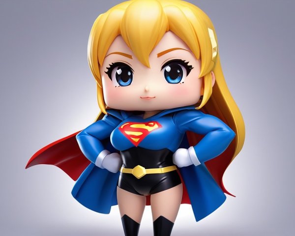 Chibi Superheroine in Blue Jacket and Red Cape