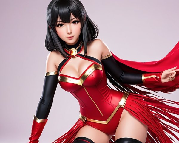 Character in Red and Black Outfit with Golden Accents