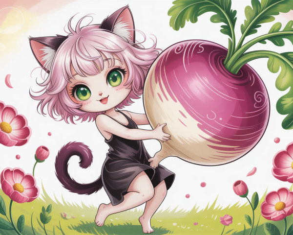 Chibi Cat Girl with Turnip in a Dreamy Field
