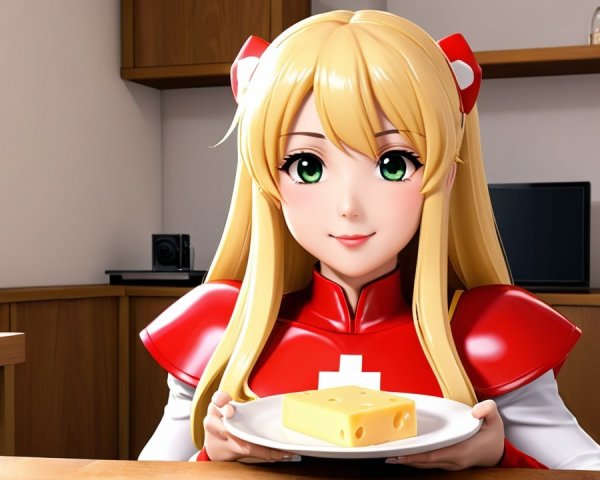 Anime Character with Blonde Hair and Green Eyes at Table