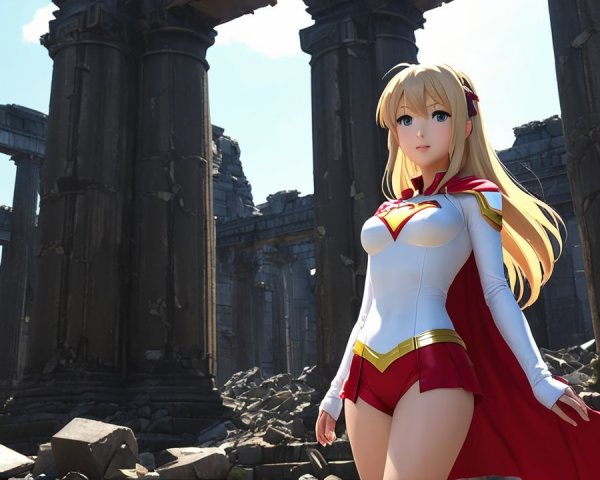 Heroic anime character in ancient ruins with sunlight