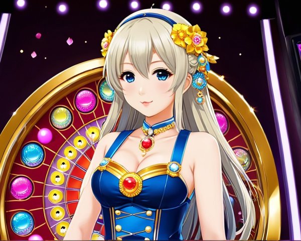 Anime Character in Vibrant Casino Setting with Spinning Wheel