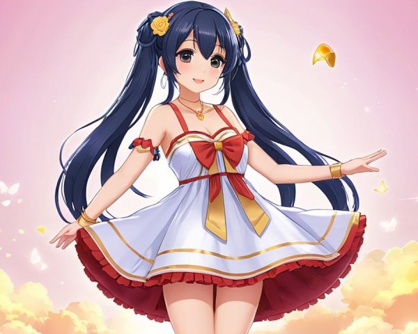 Cheerful anime character in pastel pink setting