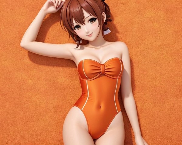 Stylized Character in Orange Swimsuit on Vibrant Background