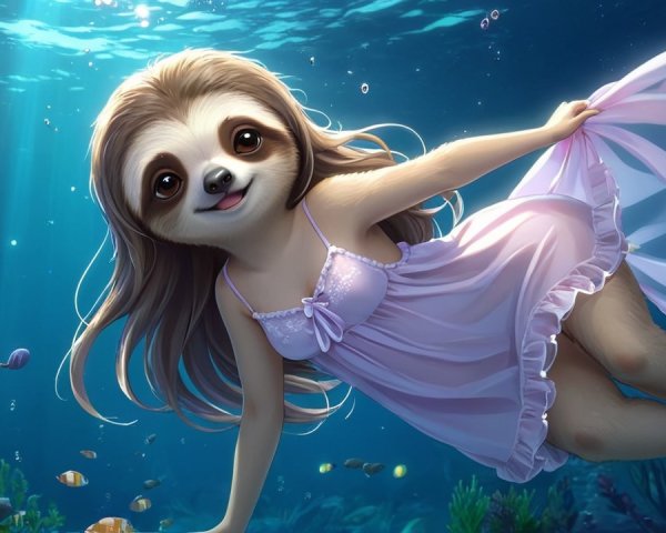 Sloth Swimming in a Colorful Underwater Scene