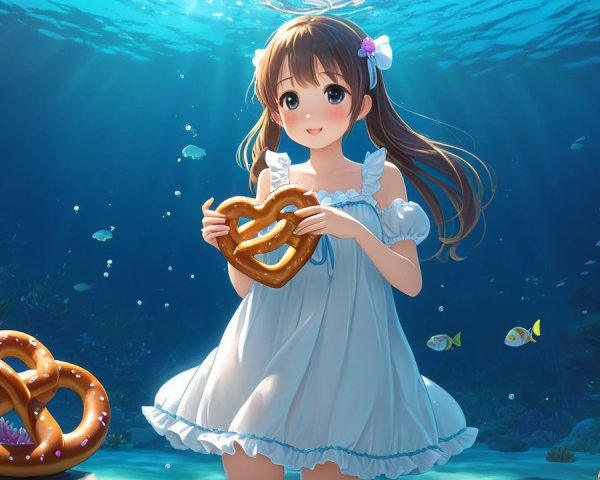 Underwater Scene with Cheerful Girl and Pretzels