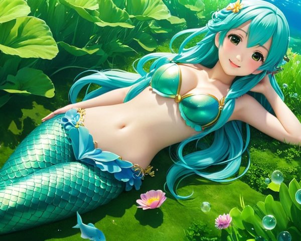 Mermaid with Aqua Hair in Vibrant Underwater Scene