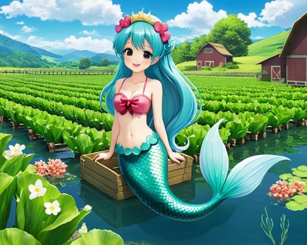Cheerful mermaid in vibrant landscape with floral crown