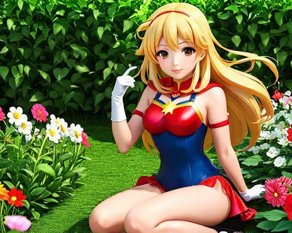 Animated character in superhero costume in flower garden
