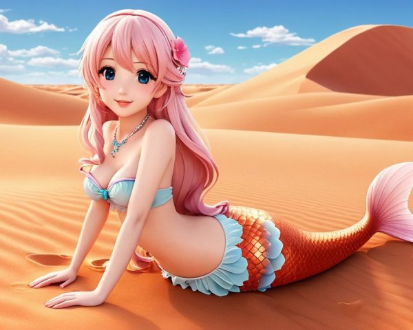 Anime-style mermaid in a fantasy desert scene