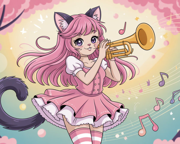 Anime Drawing of a Pink-Haired Feline Girl with Trumpet