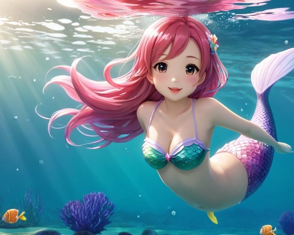 Vibrant Underwater Scene with Cheerful Mermaid