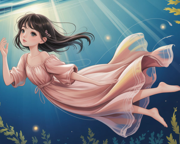 Anime Style Underwater Scene with Girl in Pink Dress