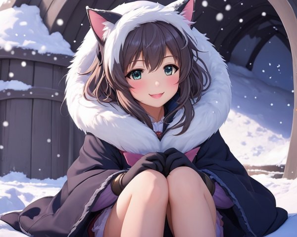 Anime Character with Cat Ears in Winter Scene