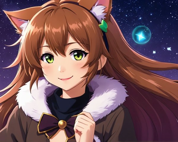 Cheerful Anime Character with Cat Ears and Starry Background