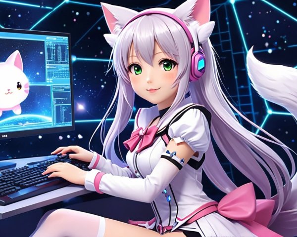 Young girl with silver hair at computer with cat ears