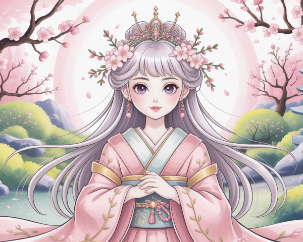 Princess in Pink Kimono in Serene Japanese Garden