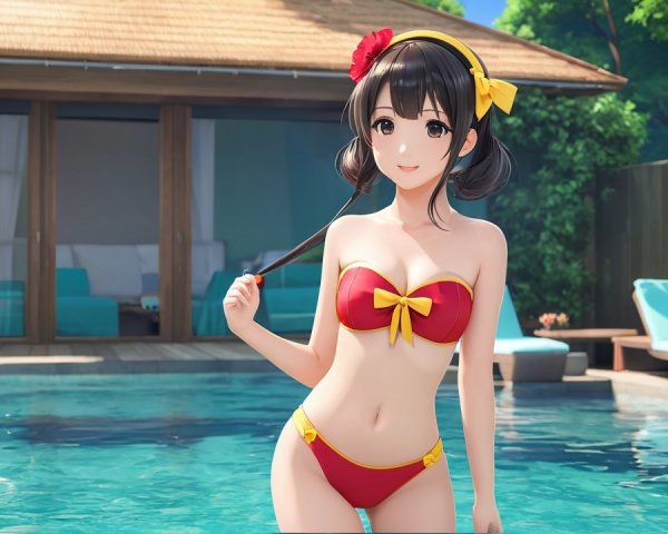 Young Woman in Red Bikini by Sparkling Pool