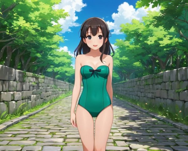 Cheerful girl in green swimsuit on cobblestone path