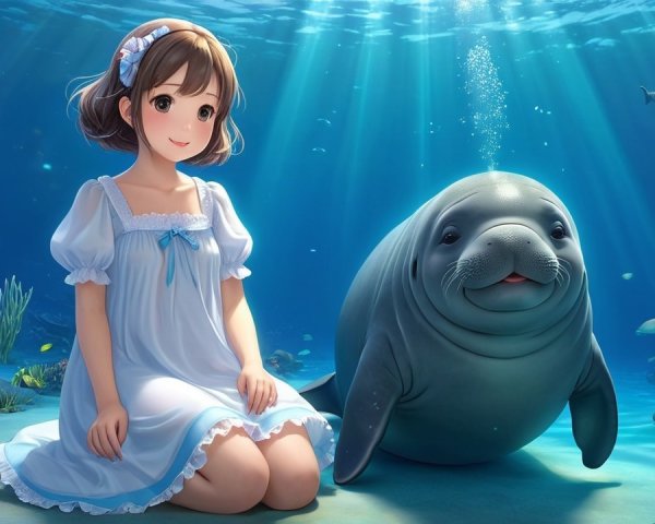 Underwater Scene with Girl and Manatee in Coral Reef