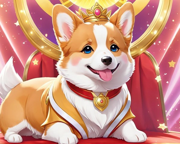 Corgi on Throne with Crown and Royal Cloak