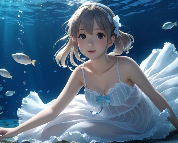 Underwater Scene with Girl in White Dress and Coral