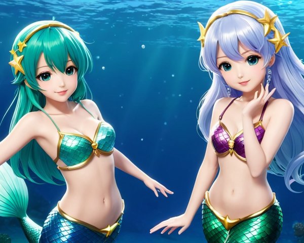 Vibrant Mermaids with Colorful Tails Underwater