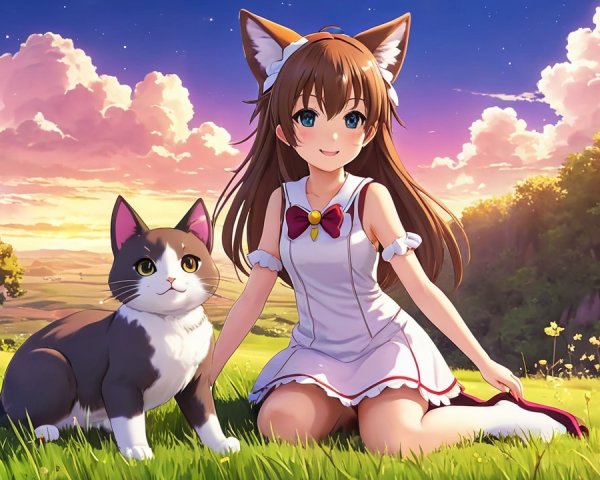 Cheerful girl with fox ears in vibrant sunset meadow